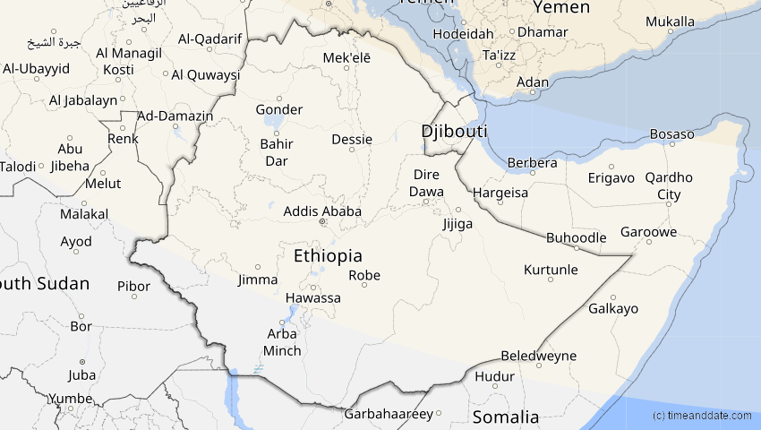 A map of Ethiopia, showing the path of the Oct 25, 2022 Partial Solar Eclipse