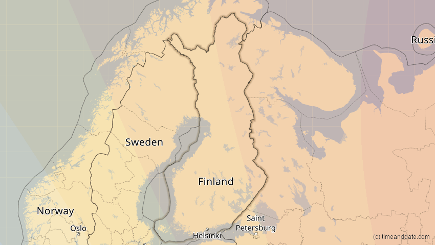 A map of Finland, showing the path of the Oct 25, 2022 Partial Solar Eclipse