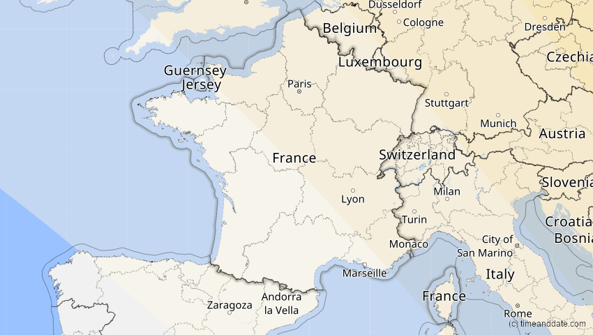 A map of France, showing the path of the Oct 25, 2022 Partial Solar Eclipse