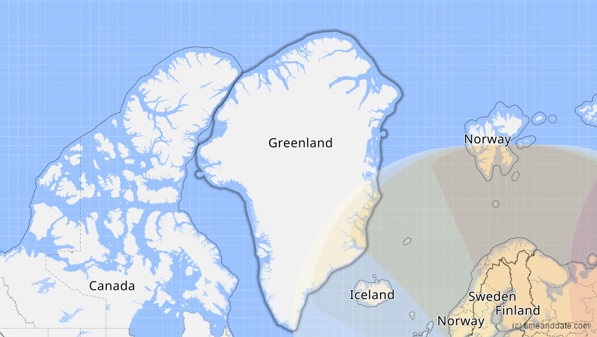 A map of Greenland, showing the path of the Oct 25, 2022 Partial Solar Eclipse