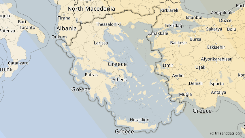 A map of Greece, showing the path of the Oct 25, 2022 Partial Solar Eclipse
