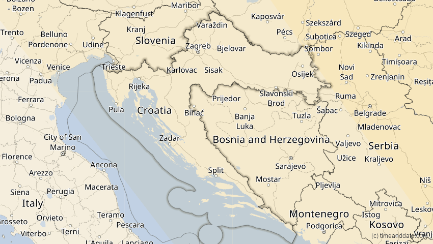 A map of Croatia, showing the path of the Oct 25, 2022 Partial Solar Eclipse