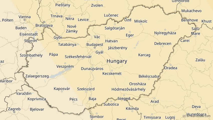 A map of Hungary, showing the path of the Oct 25, 2022 Partial Solar Eclipse