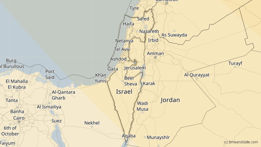A map of Israel, showing the path of the Oct 25, 2022 Partial Solar Eclipse