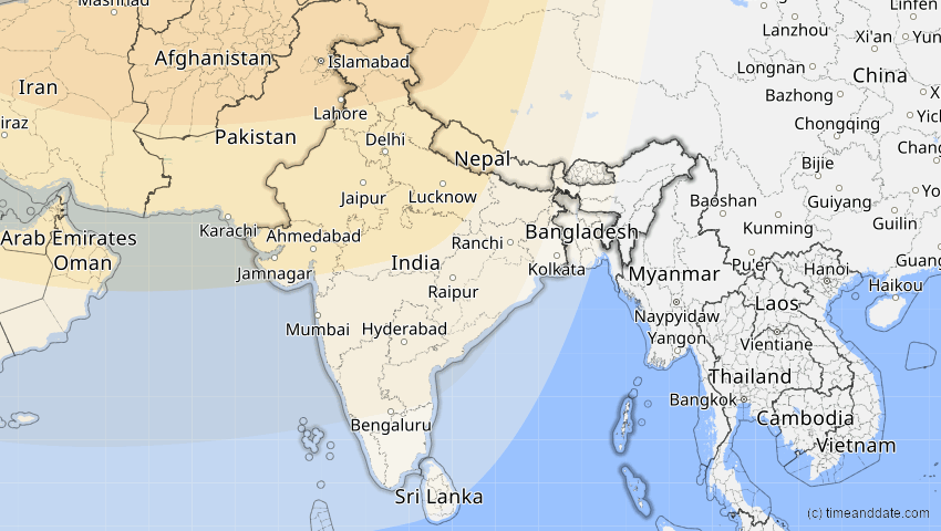 A map of India, showing the path of the Oct 25, 2022 Partial Solar Eclipse
