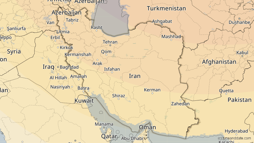A map of Iran, showing the path of the 25. Okt 2022 Partielle Sonnenfinsternis