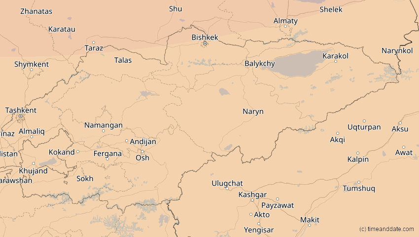 A map of Kyrgyzstan, showing the path of the Oct 25, 2022 Partial Solar Eclipse