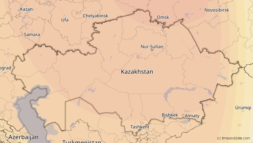 A map of Kasachstan, showing the path of the 25. Okt 2022 Partielle Sonnenfinsternis