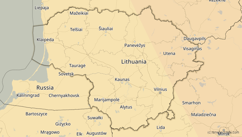 A map of Lithuania, showing the path of the Oct 25, 2022 Partial Solar Eclipse