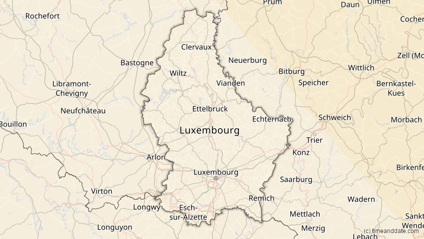 A map of Luxembourg, showing the path of the Oct 25, 2022 Partial Solar Eclipse