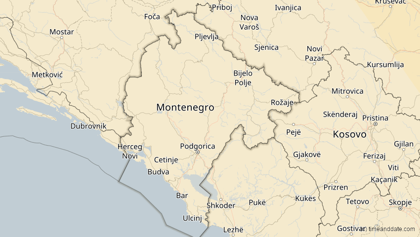 A map of Montenegro, showing the path of the Oct 25, 2022 Partial Solar Eclipse