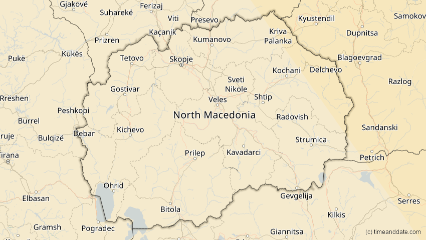 A map of North Macedonia, showing the path of the Oct 25, 2022 Partial Solar Eclipse