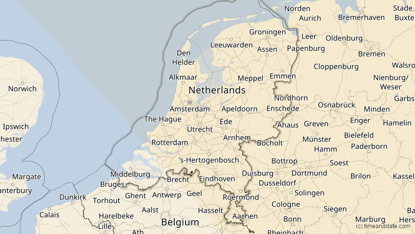 A map of Netherlands, showing the path of the Oct 25, 2022 Partial Solar Eclipse
