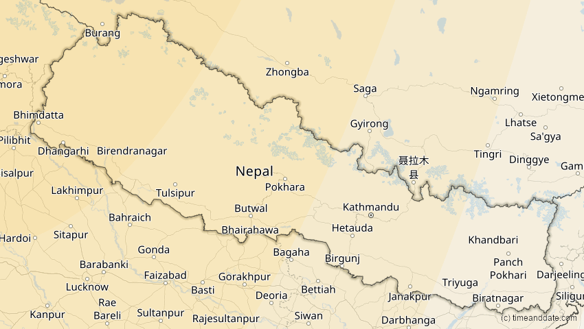 A map of Nepal, showing the path of the 25. Okt 2022 Partielle Sonnenfinsternis