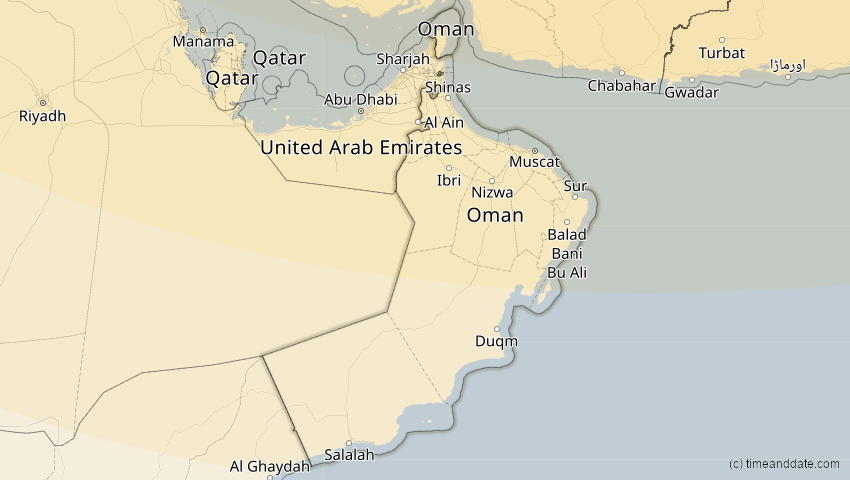 A map of Oman, showing the path of the Oct 25, 2022 Partial Solar Eclipse
