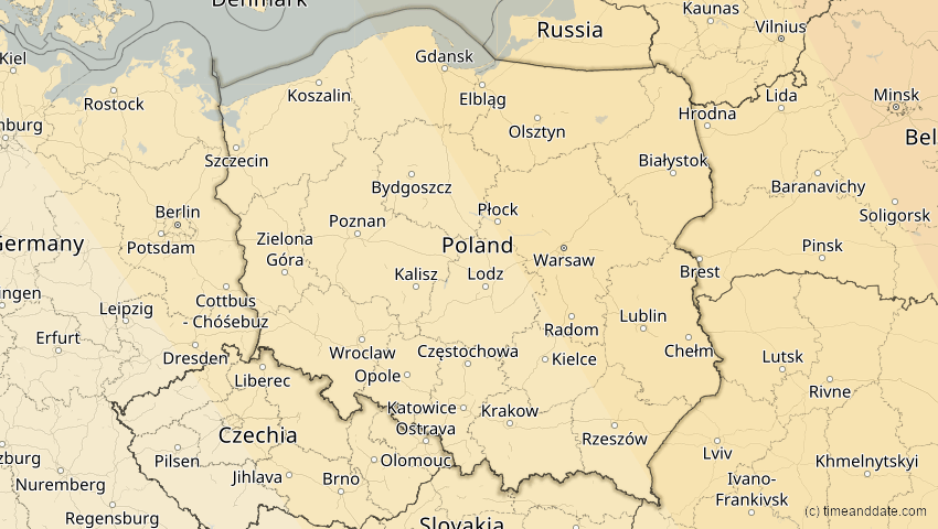 A map of Poland, showing the path of the Oct 25, 2022 Partial Solar Eclipse