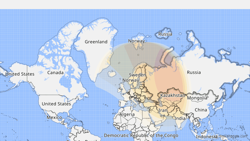 A map of Russia, showing the path of the Oct 25, 2022 Partial Solar Eclipse