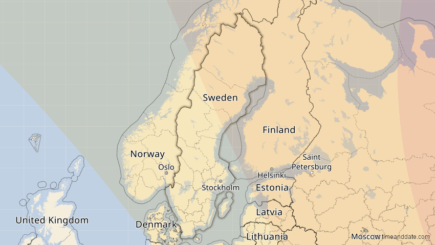 A map of Sweden, showing the path of the Oct 25, 2022 Partial Solar Eclipse