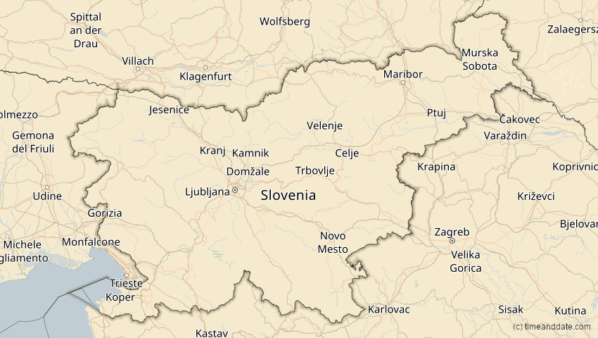 A map of Slovenia, showing the path of the Oct 25, 2022 Partial Solar Eclipse