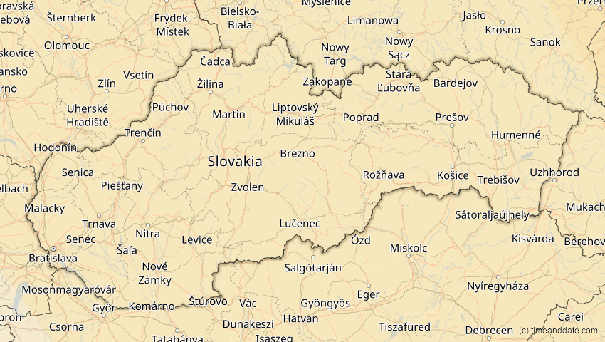 A map of Slovakia, showing the path of the Oct 25, 2022 Partial Solar Eclipse