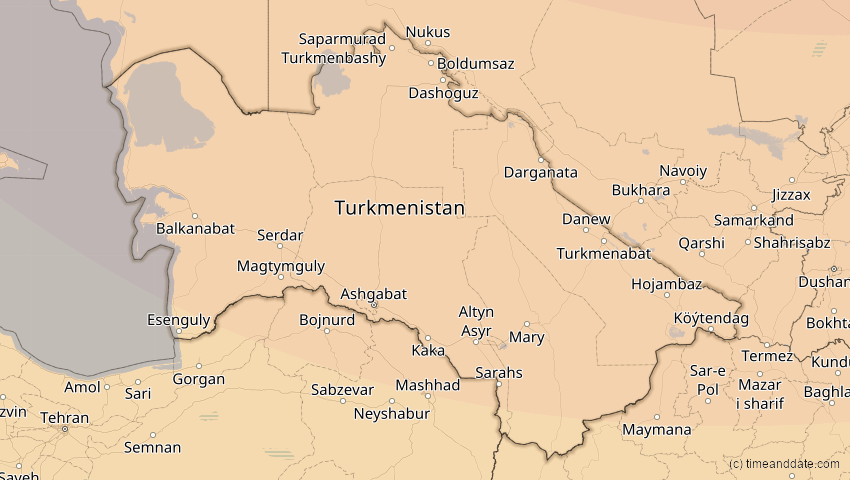 A map of Turkmenistan, showing the path of the Oct 25, 2022 Partial Solar Eclipse