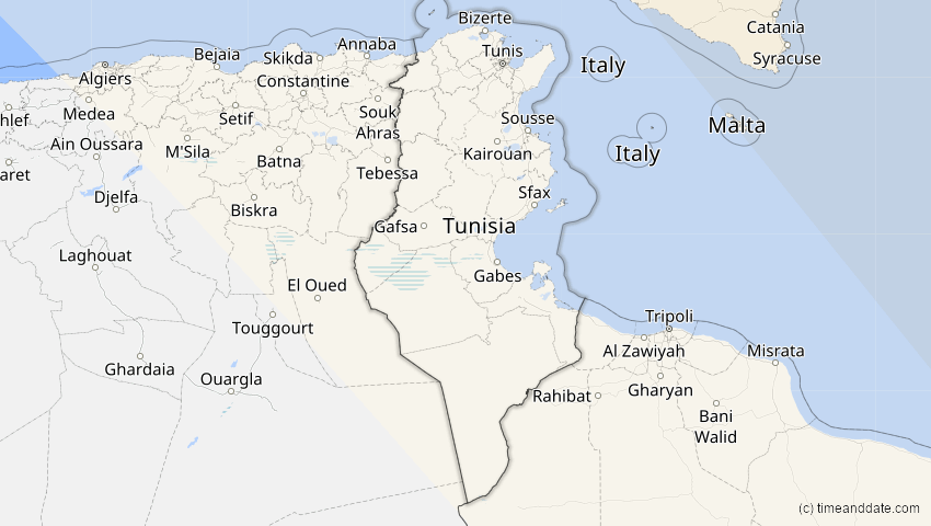 A map of Tunisia, showing the path of the Oct 25, 2022 Partial Solar Eclipse