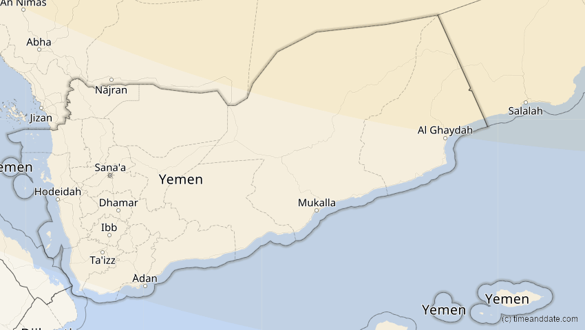 A map of Yemen, showing the path of the Oct 25, 2022 Partial Solar Eclipse