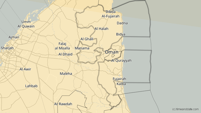 A map of Fujairah, United Arab Emirates, showing the path of the Oct 25, 2022 Partial Solar Eclipse