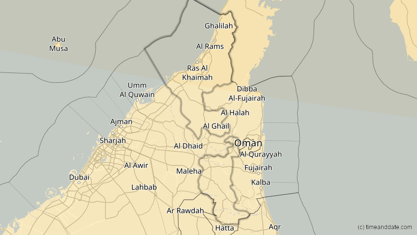 A map of Ra’s al-Chaima, Vereinigte Arabische Emirate, showing the path of the 25. Okt 2022 Partielle Sonnenfinsternis