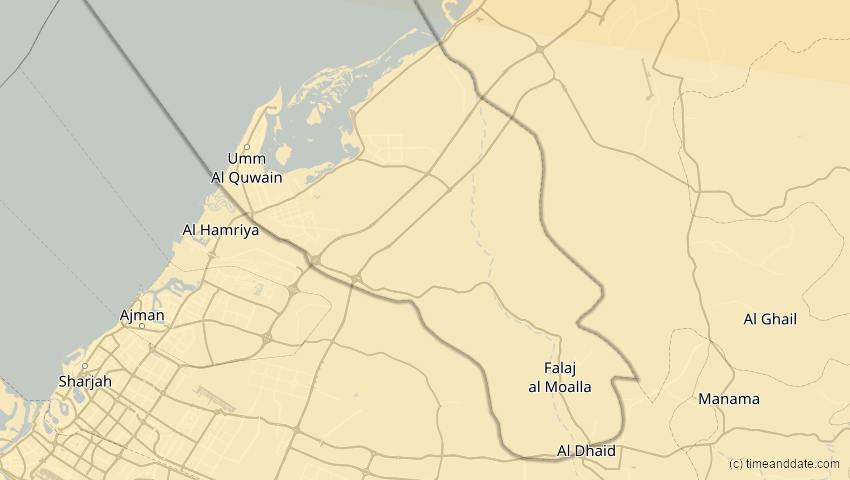 A map of Umm al-Qaiwain, Vereinigte Arabische Emirate, showing the path of the 25. Okt 2022 Partielle Sonnenfinsternis