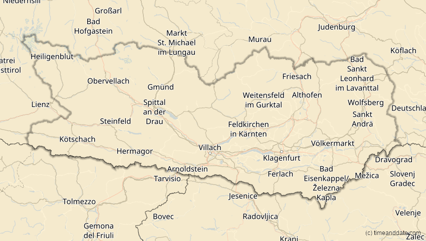 A map of Kärnten, Österreich, showing the path of the 25. Okt 2022 Partielle Sonnenfinsternis