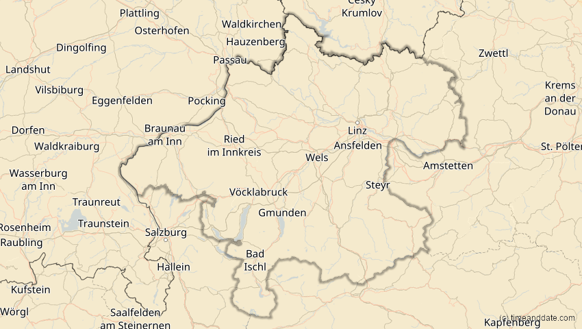 A map of Oberösterreich, Österreich, showing the path of the 25. Okt 2022 Partielle Sonnenfinsternis