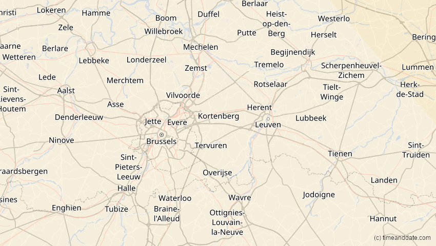 A map of Flämisch-Brabant, Belgien, showing the path of the 25. Okt 2022 Partielle Sonnenfinsternis