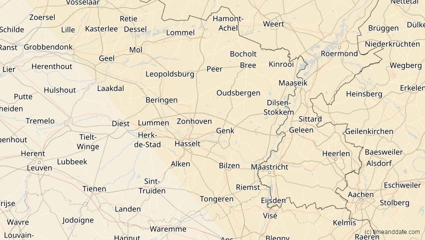 A map of Limburg, Belgium, showing the path of the Oct 25, 2022 Partial Solar Eclipse