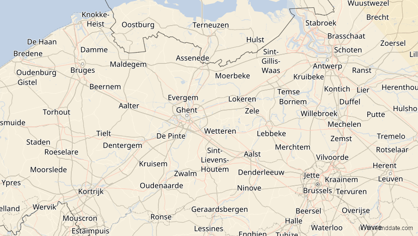 A map of East Flanders, Belgium, showing the path of the Oct 25, 2022 Partial Solar Eclipse