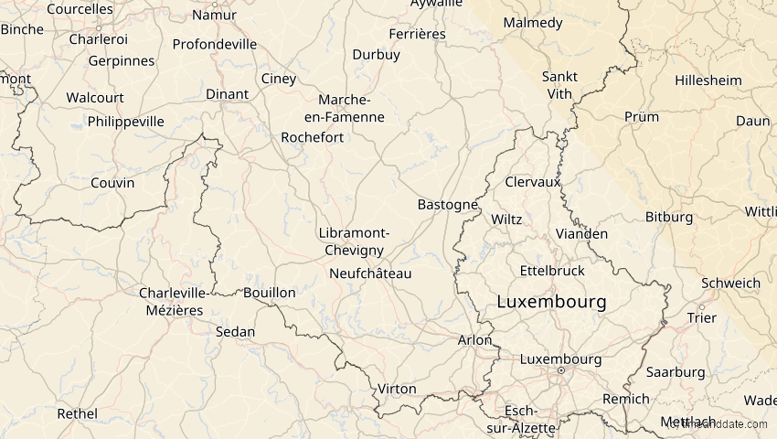 A map of Luxembourg, Belgium, showing the path of the Oct 25, 2022 Partial Solar Eclipse