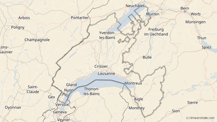 A map of Vaud, Switzerland, showing the path of the Oct 25, 2022 Partial Solar Eclipse