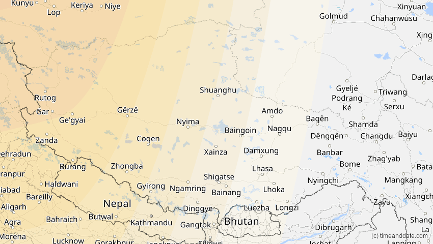 A map of Tibet, China, showing the path of the 25. Okt 2022 Partielle Sonnenfinsternis