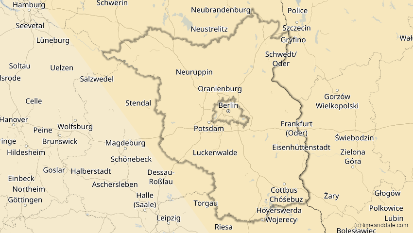 A map of Brandenburg, Deutschland, showing the path of the 25. Okt 2022 Partielle Sonnenfinsternis