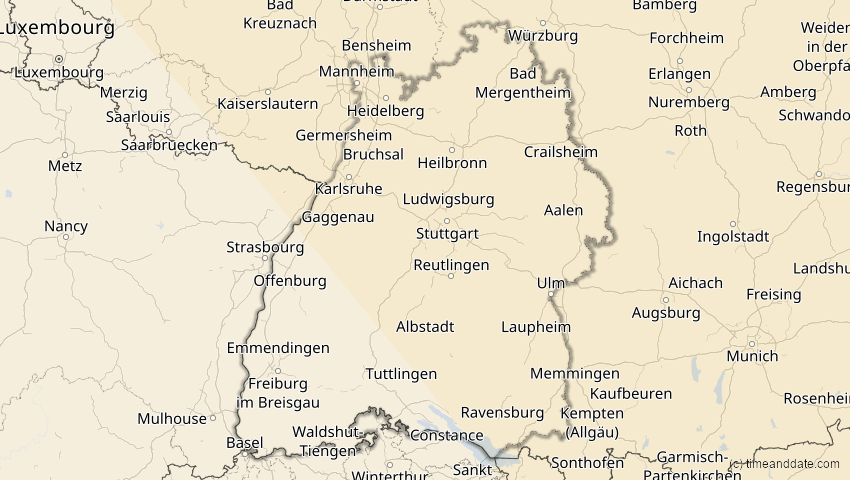 A map of Baden-Württemberg, Deutschland, showing the path of the 25. Okt 2022 Partielle Sonnenfinsternis