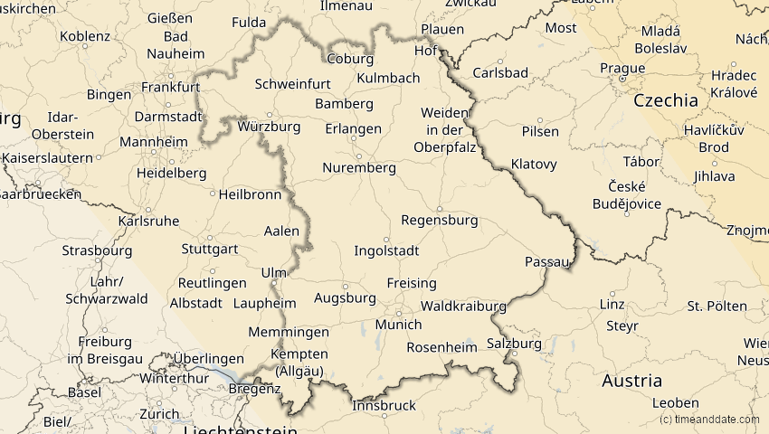 A map of Bayern, Deutschland, showing the path of the 25. Okt 2022 Partielle Sonnenfinsternis