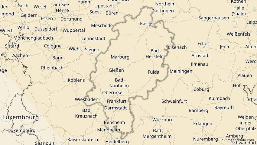 A map of Hessen, Deutschland, showing the path of the 25. Okt 2022 Partielle Sonnenfinsternis