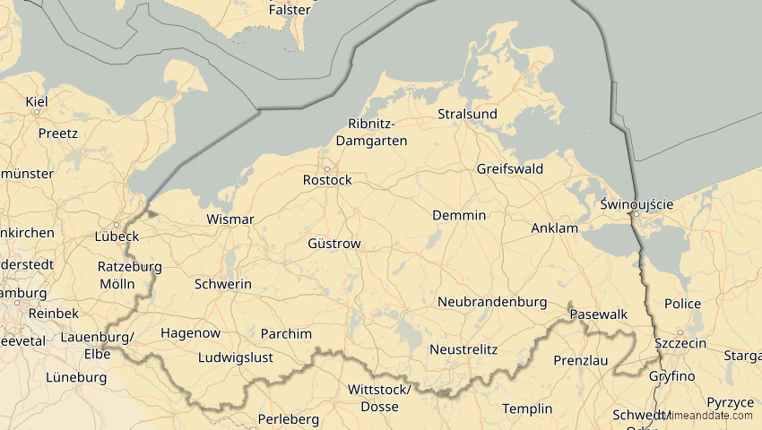 A map of Mecklenburg-Vorpommern, Deutschland, showing the path of the 25. Okt 2022 Partielle Sonnenfinsternis