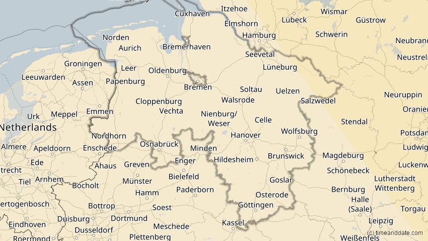 A map of Niedersachsen, Deutschland, showing the path of the 25. Okt 2022 Partielle Sonnenfinsternis