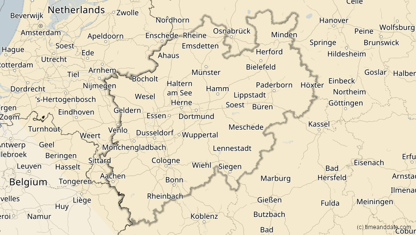 A map of Nordrhein-Westfalen, Deutschland, showing the path of the 25. Okt 2022 Partielle Sonnenfinsternis