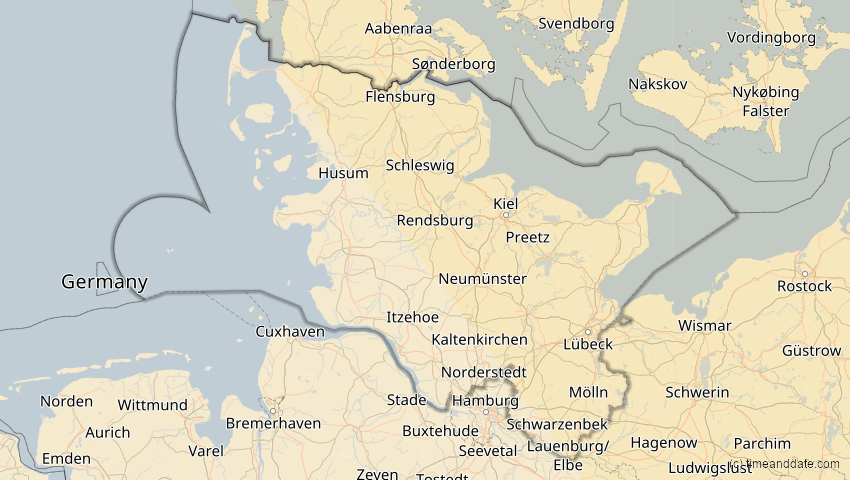 A map of Schleswig-Holstein, Deutschland, showing the path of the 25. Okt 2022 Partielle Sonnenfinsternis