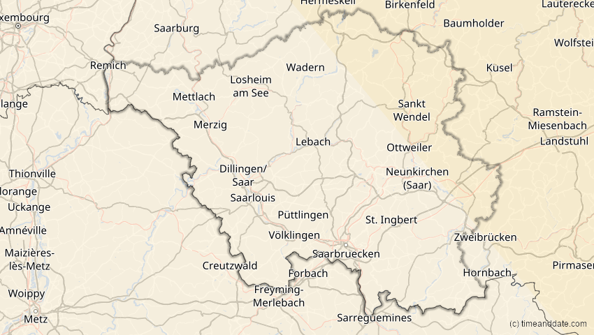 A map of Saarland, Deutschland, showing the path of the 25. Okt 2022 Partielle Sonnenfinsternis