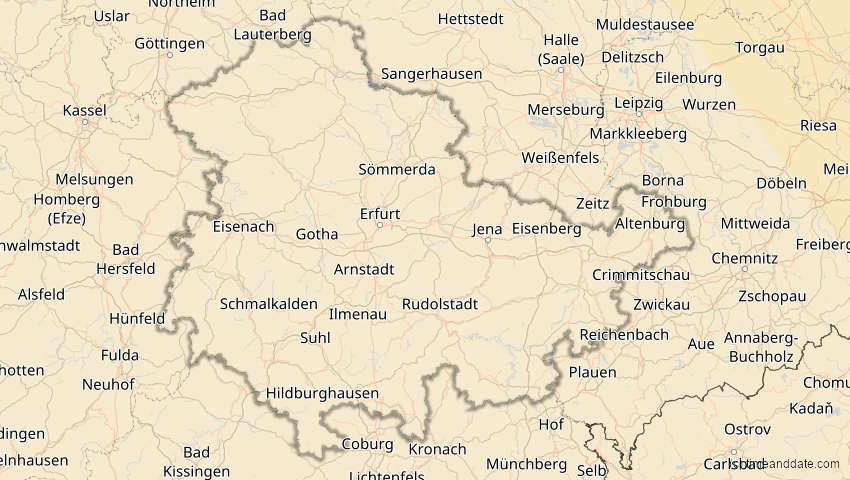 A map of Thüringen, Deutschland, showing the path of the 25. Okt 2022 Partielle Sonnenfinsternis