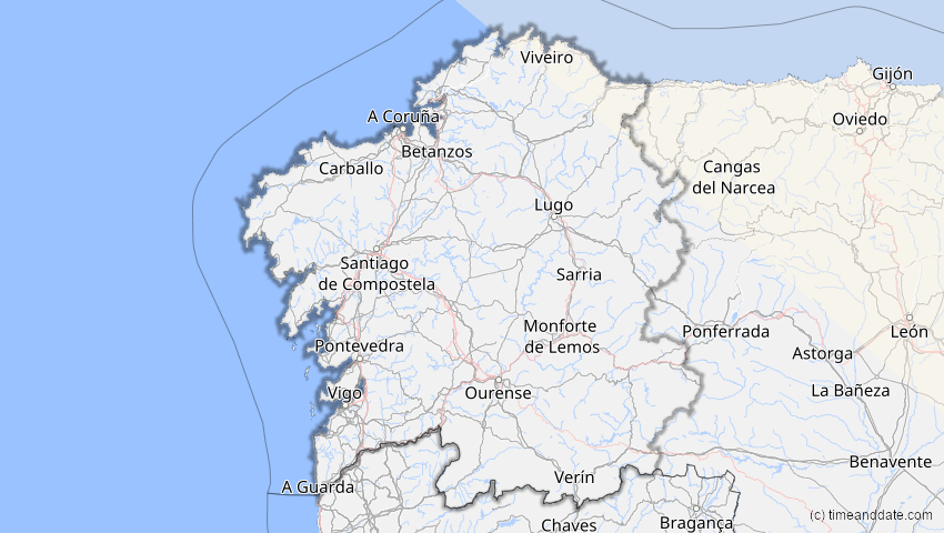 A map of Galicia, Spain, showing the path of the Oct 25, 2022 Partial Solar Eclipse