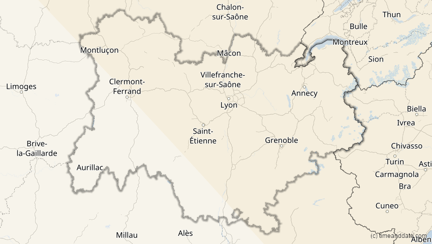 A map of Auvergne-Rhône-Alpes, France, showing the path of the Oct 25, 2022 Partial Solar Eclipse